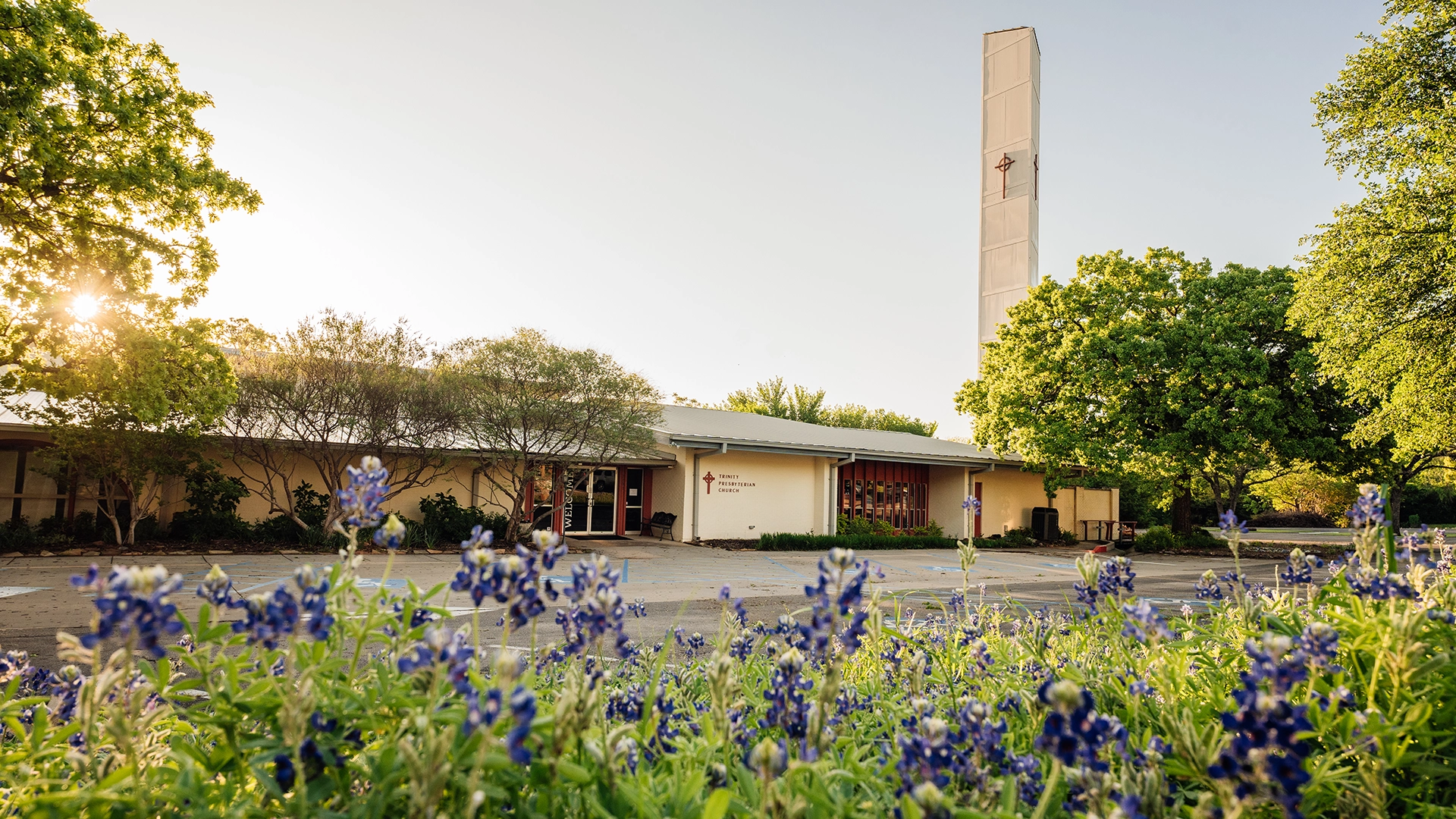 Trinity Presbyterian Church | Denton, Texas | Pictured: the sun rising above Trinity Presbyterian Church, with blue bonnet flowers in the foreground.